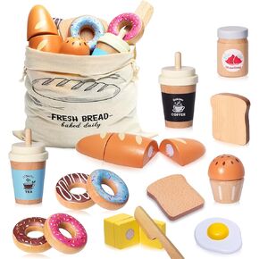 Wooden Bakery Playset Food Toys, Kids Pretend Play Food Baking Set Kitchen Accessories with Storage Bag, Pretend Play Bread Cutting Food for Boys Girls 3+