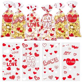 Valentines Cellophane Treat Bags, Valentines Candy Bags, 100 PCS Valentines Goodies Bags, Valentines Plastic Bags with 110pcs Gold Ties, Valentines Gift Bags for Valentines Day Party Favor Supplies