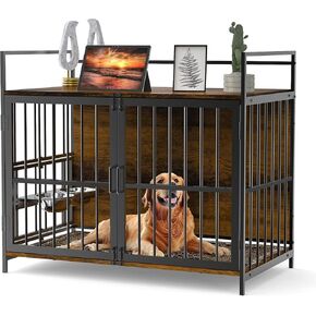 41 Inch Furniture Style Large Dog Crate with 360° & Adjustable Raised Feeder for Dogs 2 Stainless Steel Bowls -End Table House Pad, Indoor Use Brown