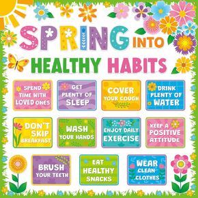 Ctosree 60 Pcs Spring Healthy Bulletin Board Decorations Set Habits Poster Colorful Flower Butterfly Plants Cutouts for Teacher Classroom School Office Chalkboard Wall Supply