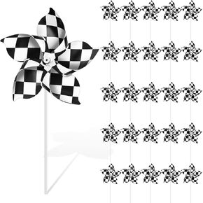 Hungdao 25 ​​PCS مرحلة الفحص المتقلب لحفلات الحفلات pinwheels السباق حفلات السيارات اللوازم أبيض وأسود متدفق خطوط السباق العلم pinwheels طاحونة الرياح