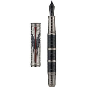 Hongdian D5X Fountain Pen Extra Fine Nib Black Color, Qin Dynasty Retro Chinese Totem Engraving Smooth Writing Pen with Converter and Pen Box Set