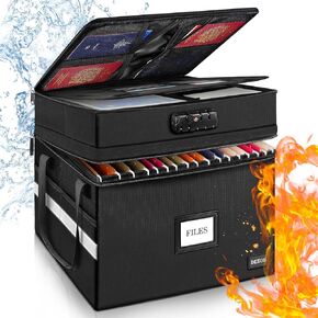 DEEGO 2 Layer Fireproof Document Box with Lock, Large Document Organizer with Pockets, Portable Collapsible File Box Document Safe for Home Office for Hanging Letter/Legal Folder