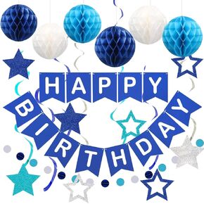Blue Happy Birthday Decorations,Happy Birthday banner,Blue Themed Happy Birthday Banner,Hanging Swirl,Honeycomb Ball and Circle Dot Garland Supplies for Birthday Party