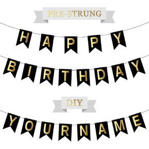 68PCS Custom Banner Kit Pre-Strung Happy Birthday Banner with Name DIY Letter Banner Personalized Banner for Party Black Golden