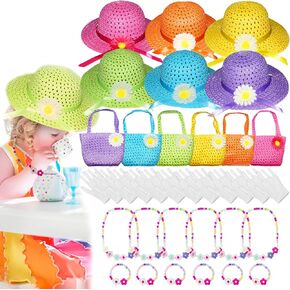 Vegove 6 Pcs Girls Tea Party Straw Hats Country Girl Dress Up with Purse, Gloves & Kits, Children's Summer Beach & Garden Birthday Party Supplies