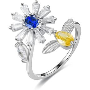 Caiyao Fidget Anxiety Relief Ring Daisy Sunflower Flower Evil Eye Zircon Bead Open Adjustable Spinner Stackable Ring for Women Stress Relieveing Jewelry Gift