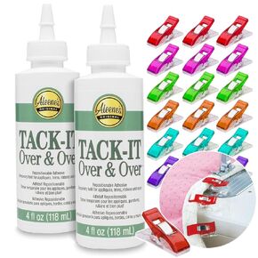 Aleenes Tack-It Over & Over Liquid Glue (2-Pack) (4 oz) + 20 Pixiss Fabric Clips – Perfect for Temporary Fabric Bonding, Crafts, and Appliqué Projects