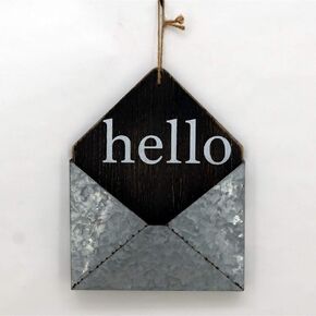 PARISLOFT Hello Wall Pocket Galvanized Metal and Wood Envelope Letter Organizer Decor