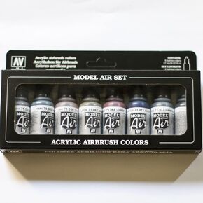 Acrylicos Vallejo Metallic Colors Model Air Paint Set, 1/2 Fl. Oz. Bottles, 8 Colors