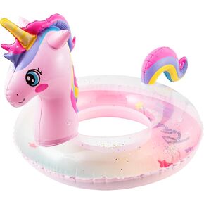 Zainpe Unicorn Inflatable Pool Float with Glitters Gradient Pink Inflation Swimming Ring Summer Outdoor Water Lounge Inflatable Raft Tube Fun Beach Floaties Vinyl Swim Floaty Pool Toys for Kids Adults