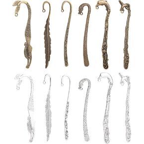 Framendino, 12 Pack Metal Bookmark Hairpin Stripe Hook Carved Antique Vintage Jewelry Making Charms Findings