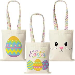 Jectivs 3pack Easter Canvas Gift Facs with Handles Party Supplies ، 9.8 × 7.8 بوصة ، أرنب عيد الفصح سعيد أكياس بيض عيد الفصح قابلة للغسل ، سلة سلة سلة للأطفال.