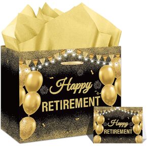 Retirement Gift Bag with Tissue Paper Set Large Black Gold Happy Retirement Wrapping Gift Bag and Greeting Card for Men Women Office Coworker Farewell Going Away Party Favors Wrap Bags Supplies