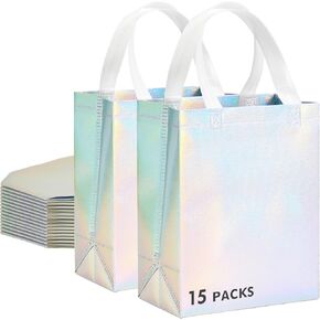 15 Pcs Iridescent Glossy Gift Bags Medium Size, 8x4x10 Inch Holographic Reusable Gift Bags with Handles & Sturdy Base, Ideal for Birthday, Wedding, Bachelorette, Party Favors, Holiday Goodie Bags