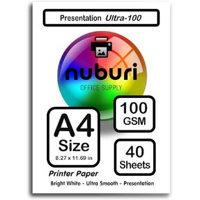 Nuburi - ورقة طابعة الحجم A4 - عرض - أبيض مشرق - Super Smooth - 100 GSM / 27 LB (40 ورقة)