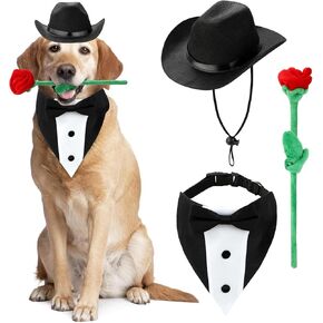 Valentine's Day Dog Costume Dog Cowboy Hat Formal Dog Tuxedo Bandanas and Rose Gift, Medium Large Dog Valentines Day Outfit with Pet Cowboy Hat and Adjustable Dog Wedding Tuxedo