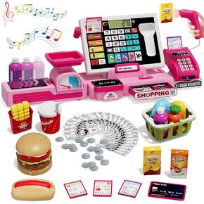 63PCS Cash Register for Kids, Kids Cash Register with Real Calculator, Pretend Play Store with Music/Motorized Conveyor/Play Money/Food Toys, Learning Toys for Boys Girls 3+, Pink