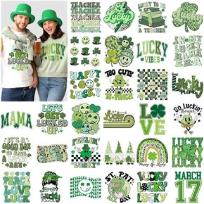 Estune 30 Pcs St. Patrick's Day Iron on Heat Transfers Western Clover Patches Decals Retro Cowboy Appliques Stickers Iron on Decals for T Shirts Clothes Bag Pillow Covers DIY (Retro Style)