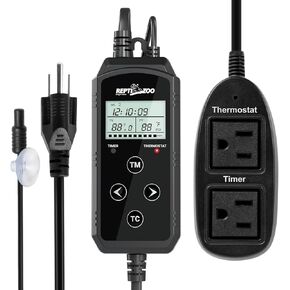 REPTIZOO Timing Thermostat, 2 in 1 PID Temperature Controller with Timer, Reptile Dimming Thermostat for Heat Lamp Heat Mat, Timing Function for Reptile Light Bulb/Heat Mats/Reptile Fogger and More