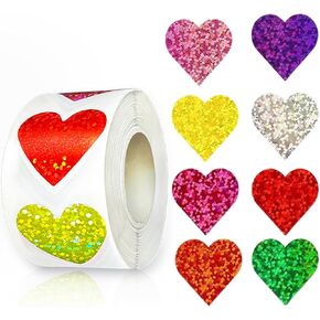 Glitter Heart Stickers,Foil Shiny Heart Stickers for Kids Reward,500Pcs 1 inch Heart Love Incentive Stickers for Roll for Envelope Birthday Valentine Day Classroom Teacher Supply