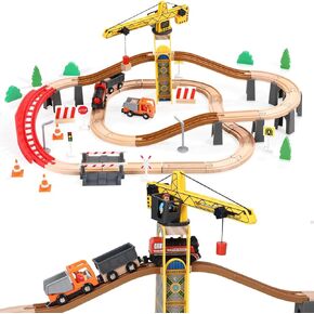 Giant bean 117 Pcs Busy Port City Train Set for Kids- Expandable & Changeable Wooden Train Track Set Toddler Toy, for Boys & Girls Ages 3+