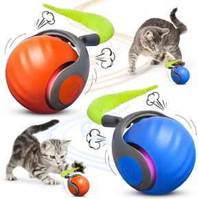 2Pcs Speedy Tail 2.0, Speedy Tail Cat Toy, 2025 New Generation Interactive Cat Toys for Indoor Cats, Smart Cat Toys Ball, Two Speed Adjustment, Automatic Moving Cat Toy Ball with Tail (Blue+Orange)