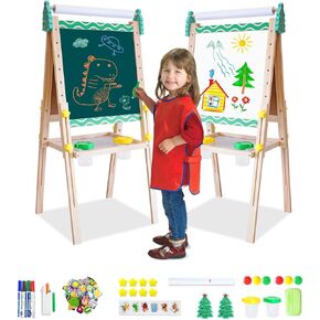 Wooden Art Easel for Kids with Paper Roll Height Adjustable Standing Easel Double-Sided Easel with Whiteboard Chalkboard Storage Tray Painting Accessories Gift for Boys Girls Toddler Ages 3+