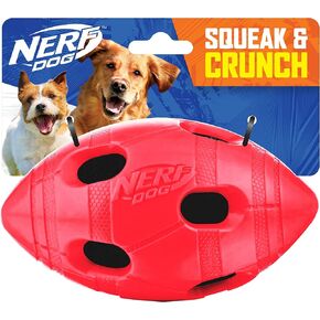 Nerf Dog Rubber Football Dog Toy with Interactive Squeaker and Crunch, Lightweight, Durable and Water Resistant, 6 Inch Diameter for Medium/Large Breeds, Single Unit, Red