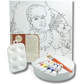 STAPLEDON ARTS - Flower Lady: Paint Kit, 3 Paint Brushes, 6 Acrylic Paint Tubes, 1 Mixing Pallet, 1 Pre-sketched 12 x 12 Canvas Wooden Framed, Inclusive Gift for Girls & Women, Fun Activity, Black History Month