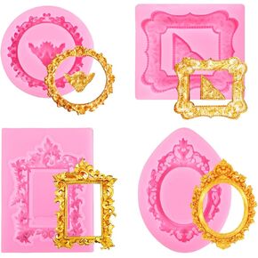 Photo Frame Fondant Mold, 4Pcs Picture Frames Silicone Molds Pink Vintage Frame Molds Baroque Style Polymer Clay Decorating Tools for Cake Decorating Cupcake Topper Chocolate Candy