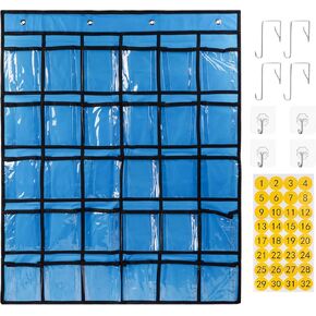 30 Clear Pockets Classroom Pocket Chart Organizer, Pocket Chart for Phone Calculator Holder, Hanging Wall Door Calculator Phone Caddy with Hooks (Grey)