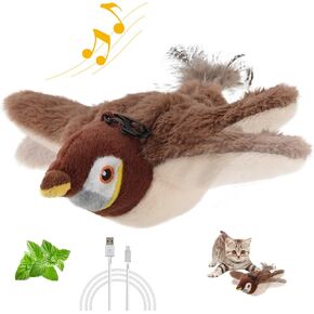 Gigwi PETGEEK Flapping Bird Cat Toy, Interactive Simulated Chirping Bird Cat Toy, Hanging Sparrow Touch Activated, Cat Catnip Toy for Indoor Cats, USB Rechargeable Electric Pet Toys for Enrichment