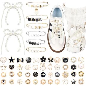48Pcs Charms for Socks Shoes Pearl Safety Pins Shoe Charms for Sneakers Rhinestone Brooch Button Jewelry Junk Sock Charms Bulk Kit Pearl Bow Shoe Lace Charms Silver Pins Bling Brooch Sock Accessories