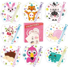 Valentines Day Cards for Kids - 32 Bubble Wands + 32 Valentines Cards for Kids, 8 Animal Designs Valentine Day Gifts Cards, Kids Valentines Cards for School Classroom Valentines Day Decorations