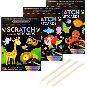 3Set Scratch Paper Art for Kids, Colorful Magic Drawing Book for Children Girls, Rainbow Scratch Off Craft Painting Book with 3 Scratch Pen for Birthday Party Games, DIY Projects Kits Craft Gifts