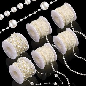 Bonuci 6 Rolls 132 Feet Pearls String Garland Faux Pearl Beads Roll Strand for Crafts, Artificial Pearls Chain Trim Pearls Garland for Wedding Party Flower Valentine Christmas Decoration, 4mm 8+3mm