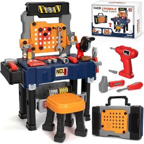 Kids Tool Bench with Electric Drill and Chair, Christmas Birthday Gift for Boys Girls Age 3,4,5+ Fun Play Kids Tool Set, Transformable Toddler Tool Box, Construction Tool Toys for Toddler 3-5