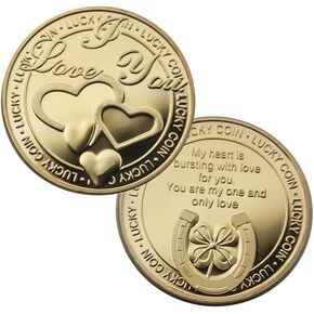 Love Lucky Gold Color Coin 1 Horseshoe and Four Leaf Clover Love Words Romance Couple Collection Art Gifts 1 PCS