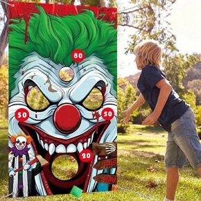Halloween Carnival Party Games, Clown Toss Games Banner with 4 Bean Bags Set for Indoor Outdoor Toss Across Game for Boys Girls Birthday Party Supplies Decoration Hanging Banner Throwing Game
