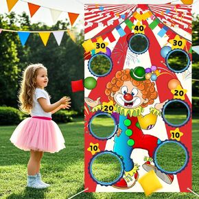 Carnival Clown Toss Game Banner with 8 Bean Bags,53 Inch Carnival Toss Games Banner,Carnival Games for Family Party Indoor Outdoor Carnival Party Decoration