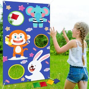 The Animals Thisp Troam Game Banner ، Bean Facs Toss مع مجموعة 8 أكياس فول ، لعبة رمي في الهواء الطلق للبالغين للحفلات ، وحيوانات شهيرة زخارف الحفلات.