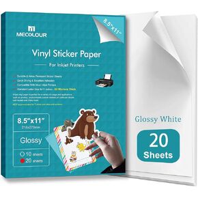 MECOLOUR Printable Glossy Sticker Paper for Inkjet Printer & Laser Printer 8.5"x11" White Inkjet Printable Vinyl Sticker Paper 20 Sheets