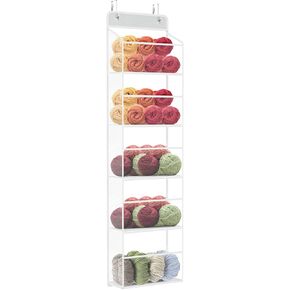 KEEGH Over Door Hanging Yarn Storage Organizer, Knitting and Crochet Storage Organizer with 5 Layer Clear Compartments, Hanging Yarn Ball Storage for Crochet Hooks, Knitting Needles, Yarn Balls