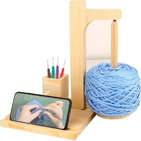 Wooden Yarn Holder for Crocheting with Magnetic Rotating Pendulum Yarn Ball Dispenser Holder, with Cell Phone Holder and Crochet Hook Organizer Without Yarn, Crochet Gift for Knitting - Original Wood