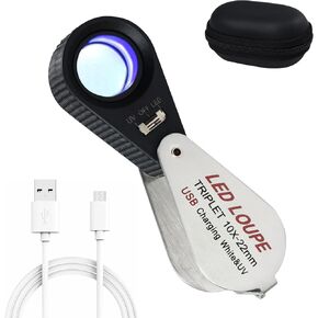 10x Jewelers Loupe with UV & LED Lights, Rechargeable 10x Loupe Magnifier 22mm Optical Glass Triplet Lens Jewelry Loupe, Foldaway Magnification for Jewelry Rocks Coins