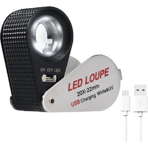 Jewelers Loupe 20X Rechargeable Mgnifier with 12 LED&UV Light, Foldable Loupe 0.87inches Lens Jewelry Loop Magnifier, Illuminated Jewelers Loop for Coins, Stamps, Watches, and Gems