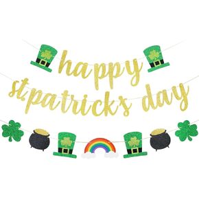 Happy St Patricks Banner Gold Glitter and St Patricks Day Garland ، Saint Patricks Day Shamrock Garland Banner Decorations for Happy St Patrick's Day Decorations