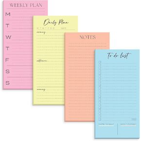 S&O Set of 4 Essential Refrigerator Notepads with Magnet - Grocery Schedule Holder Pad for Fridge - Weekly Magnetic To Do List for Adhesive - Cling Notebook Meal Planner - Attractive Shopping List Pad