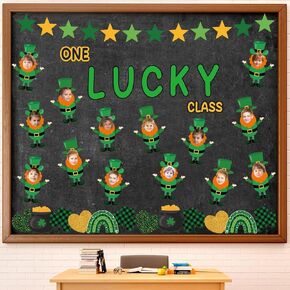 108 Pcs St. Patrick's Day Bulletin Board Sets One Lucky Class St. Patrick's Day Leprechaun Classroom Bulletin Board for Irish Holiday Party Supplies Home Classroom Chalkboard Wall Door Decor